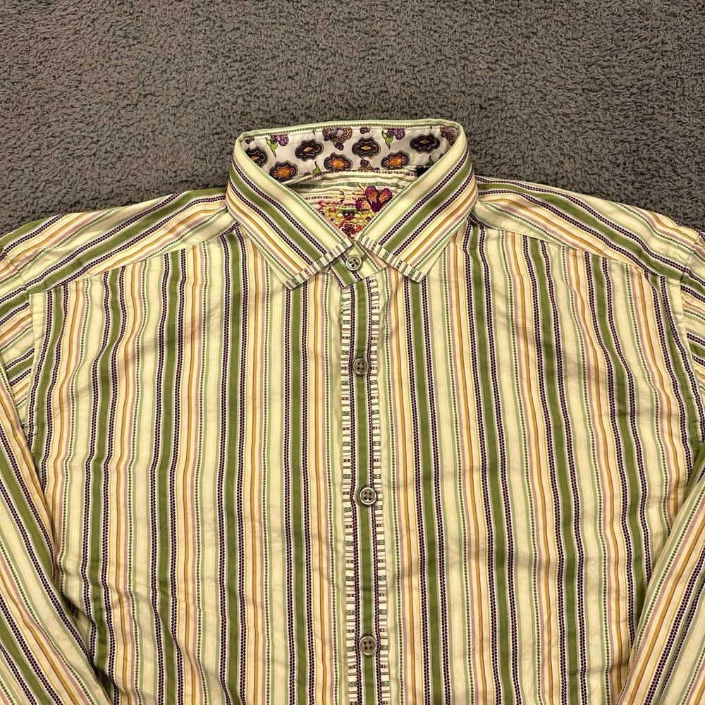 Robert Graham Shirt Mens Large Green Striped Woven Flip Cuff Geometric Going Out - Picture 2 of 13